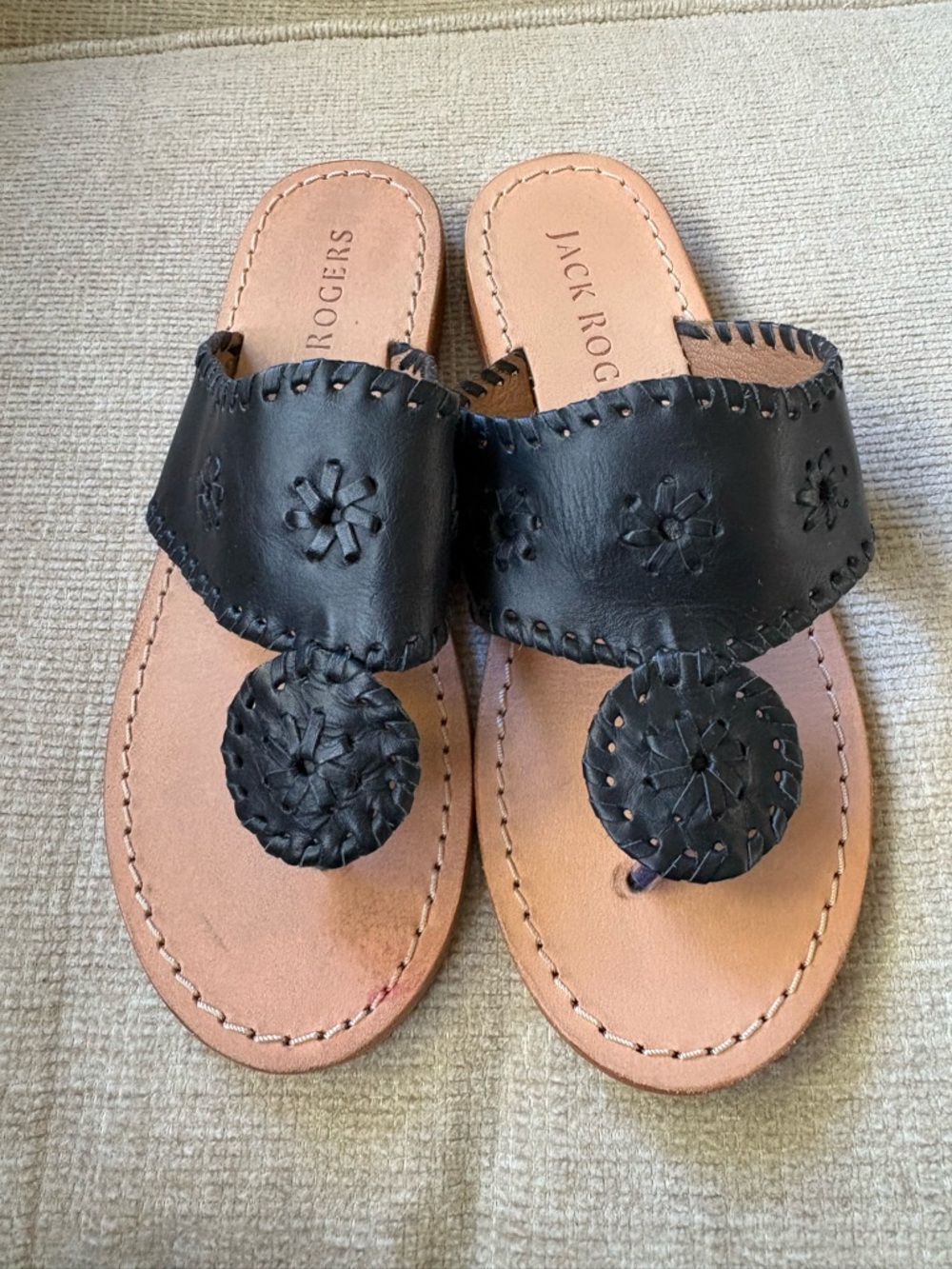 Jack Rogers Black Leather Woven Medallion Sandals